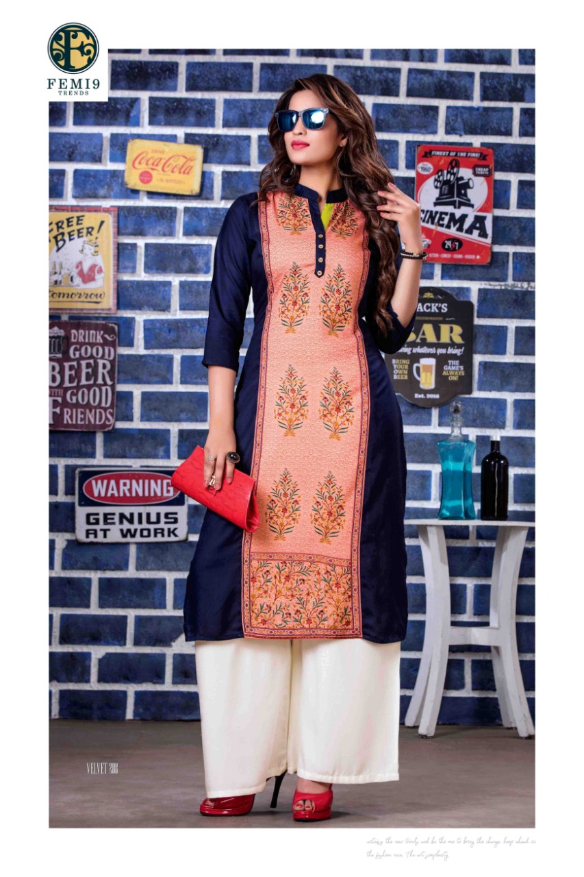 Velvet Vol-2 By Femi9 Trends 201 To 212 Series Beautiful Colorful Stylish Fancy Casual Wear & Ethnic Wear & Ready To Wear Heavy Rayon Printed & Embroidered Kurtis With Palazzo At Wholesale Price