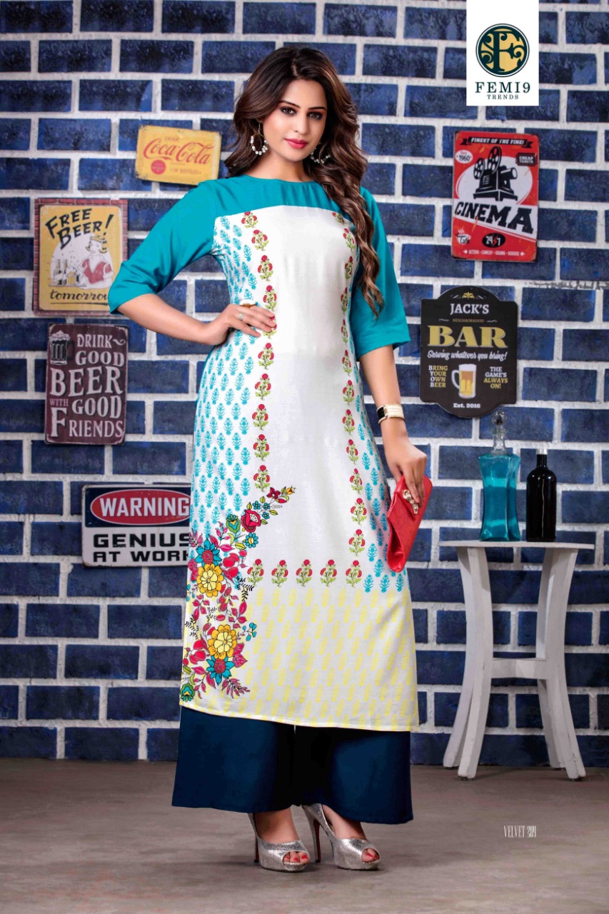 Velvet Vol-2 By Femi9 Trends 201 To 212 Series Beautiful Colorful Stylish Fancy Casual Wear & Ethnic Wear & Ready To Wear Heavy Rayon Printed & Embroidered Kurtis With Palazzo At Wholesale Price