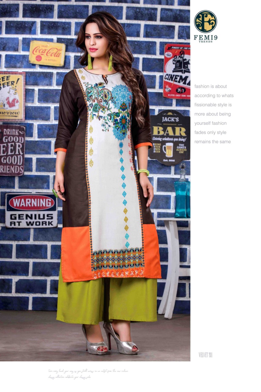 Velvet Vol-2 By Femi9 Trends 201 To 212 Series Beautiful Colorful Stylish Fancy Casual Wear & Ethnic Wear & Ready To Wear Heavy Rayon Printed & Embroidered Kurtis With Palazzo At Wholesale Price