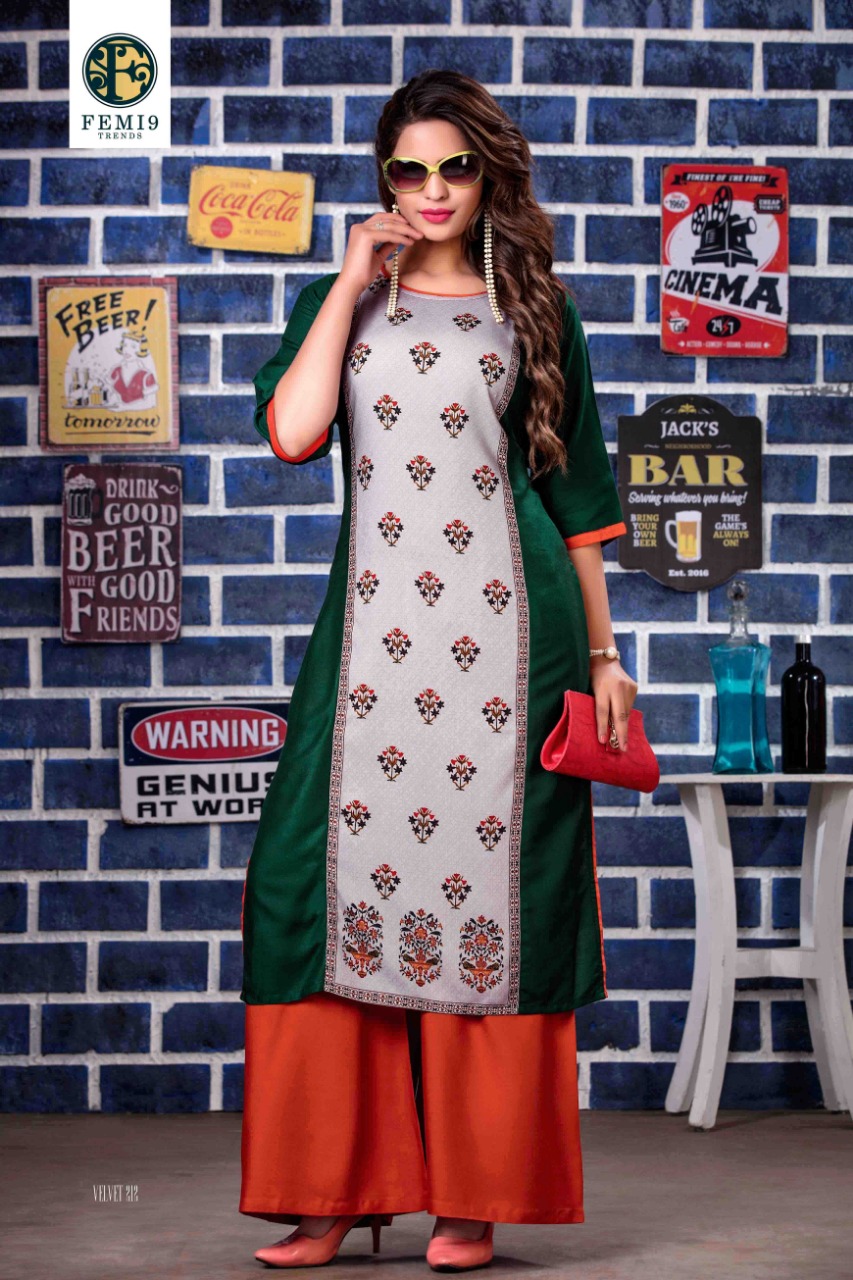 Velvet Vol-2 By Femi9 Trends 201 To 212 Series Beautiful Colorful Stylish Fancy Casual Wear & Ethnic Wear & Ready To Wear Heavy Rayon Printed & Embroidered Kurtis With Palazzo At Wholesale Price