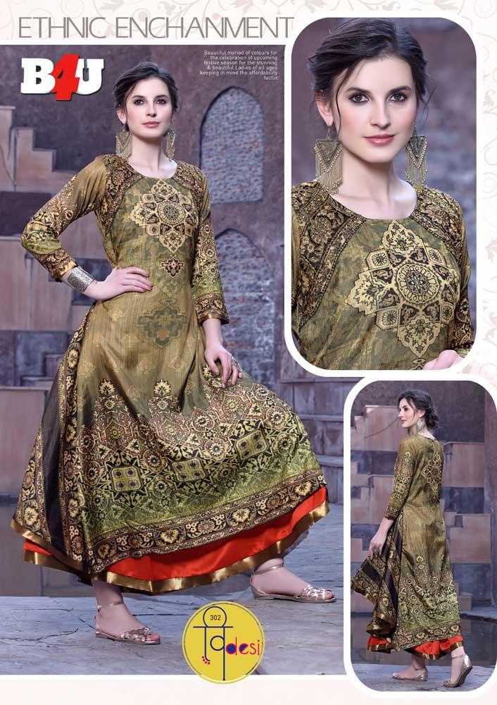 Videsi Vol-3 By B4u 301 To 307 Series Beautiful Colorful Stylish Fancy Casual Wear & Ethnic Wear & Ready To Wear Maslin Digital Print , Katki Silk Print, Nysa Silk Print,rayon And Georgette Print Kurtis At Wholesale Price