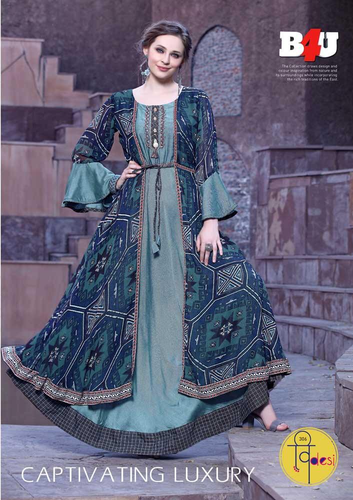 Videsi Vol-3 By B4u 301 To 307 Series Beautiful Colorful Stylish Fancy Casual Wear & Ethnic Wear & Ready To Wear Maslin Digital Print , Katki Silk Print, Nysa Silk Print,rayon And Georgette Print Kurtis At Wholesale Price