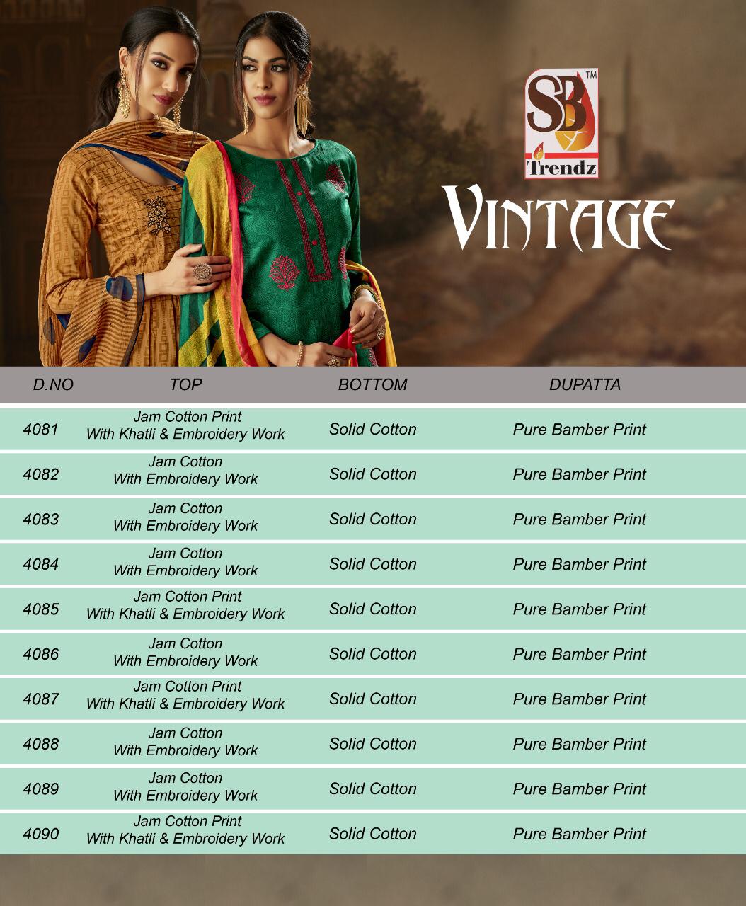 Vintage By Sb Trendz 4081 To 4090 Series Pakistani Suits Beautiful Stylish Fancy Colorful Designer Party Wear & Ethnic Wear Pure Jam Cotton Printed Dresses At Wholesale Price