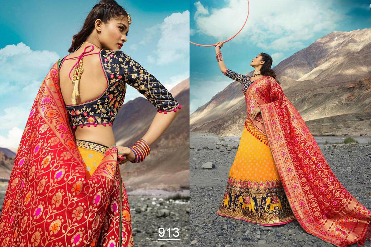 Virasat Vol-1 By Sanjana Designer 901 To 913 Series Bridal Wear Collection Beautiful Stylish Colorful Fancy Party Wear & Occasional Wear Pure Silk Jacquard Lehengas At Wholesale Price