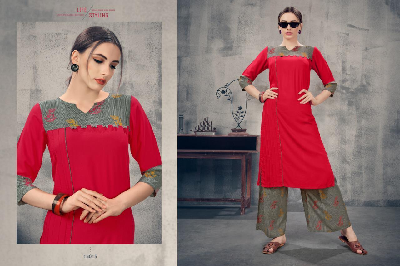 Vision Vol-2 By Amaaya Garments 15015 To 15020 Series Beautiful Stylish Fancy Colorful Casual Wear & Ethnic Wear & Ready To Wear Rayon Dyed Kurtis With Bottom At Wholesale Price