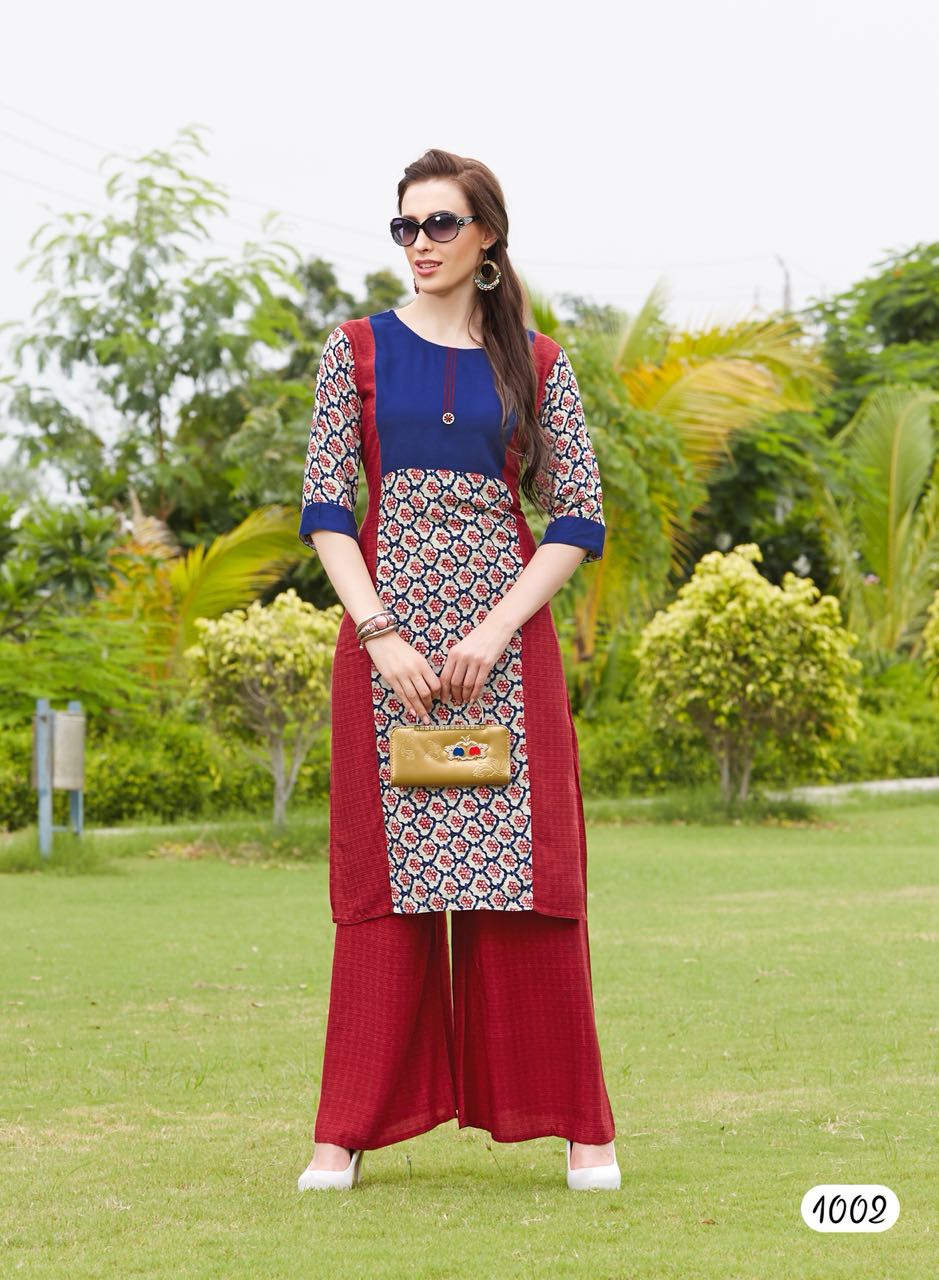 Vision By Amaaya Garments 1001 To 1008 Series Beautiful Colorful Stylish Fancy Casual Wear & Ethnic Wear & Ready To Wear Heavy Rayon Printed Kurtis & Palazzos At Wholesale Price