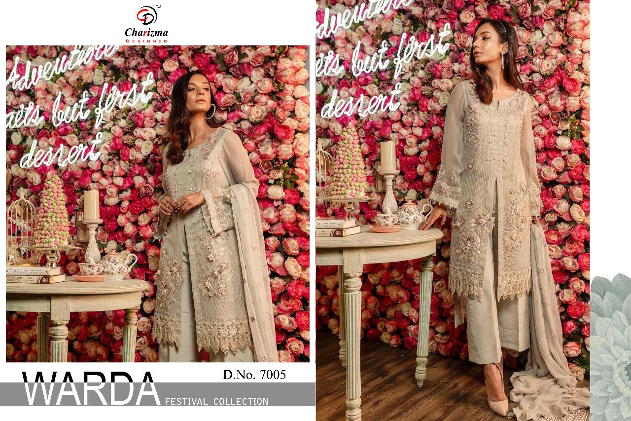 Warda By Charizma Designer 7001 To 7005 Series Pakistani Designer Suit Collection Beautiful Stylish Fancy Colorful Party Wear & Occasional Wear Faux Georgette Embroidered Dresses At Wholesale Price