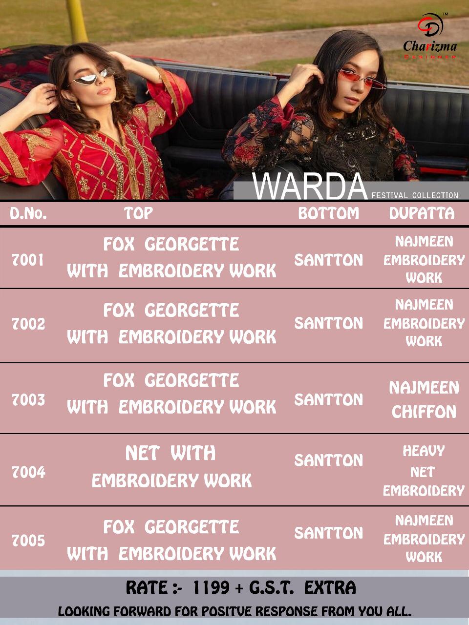 Warda By Charizma Designer 7001 To 7005 Series Pakistani Designer Suit Collection Beautiful Stylish Fancy Colorful Party Wear & Occasional Wear Faux Georgette Embroidered Dresses At Wholesale Price