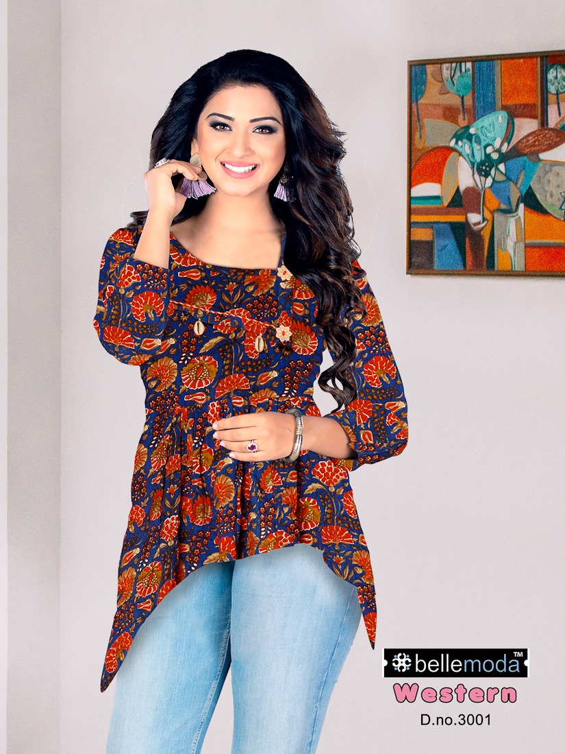Western By Bellemoda 3001 To 3008 Series Beautiful Stylish Colorful Fancy Casual Wear & Ethnic Wear & Ready To Wear Heavy Rayon Tops At Wholesale Price