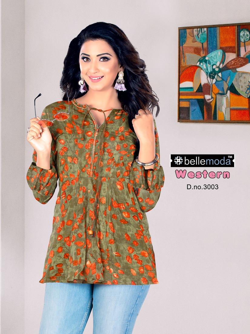 Western By Bellemoda 3001 To 3008 Series Beautiful Stylish Colorful Fancy Casual Wear & Ethnic Wear & Ready To Wear Heavy Rayon Tops At Wholesale Price