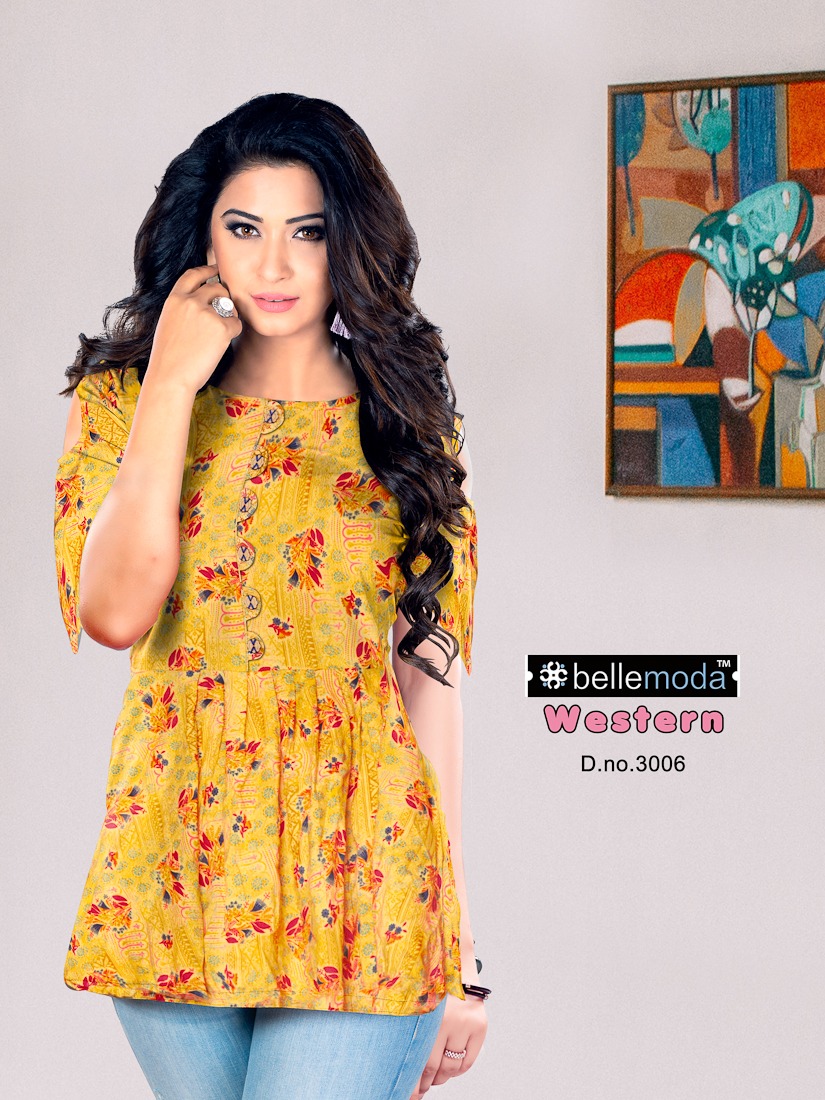 Western By Bellemoda 3001 To 3008 Series Beautiful Stylish Colorful Fancy Casual Wear & Ethnic Wear & Ready To Wear Heavy Rayon Tops At Wholesale Price