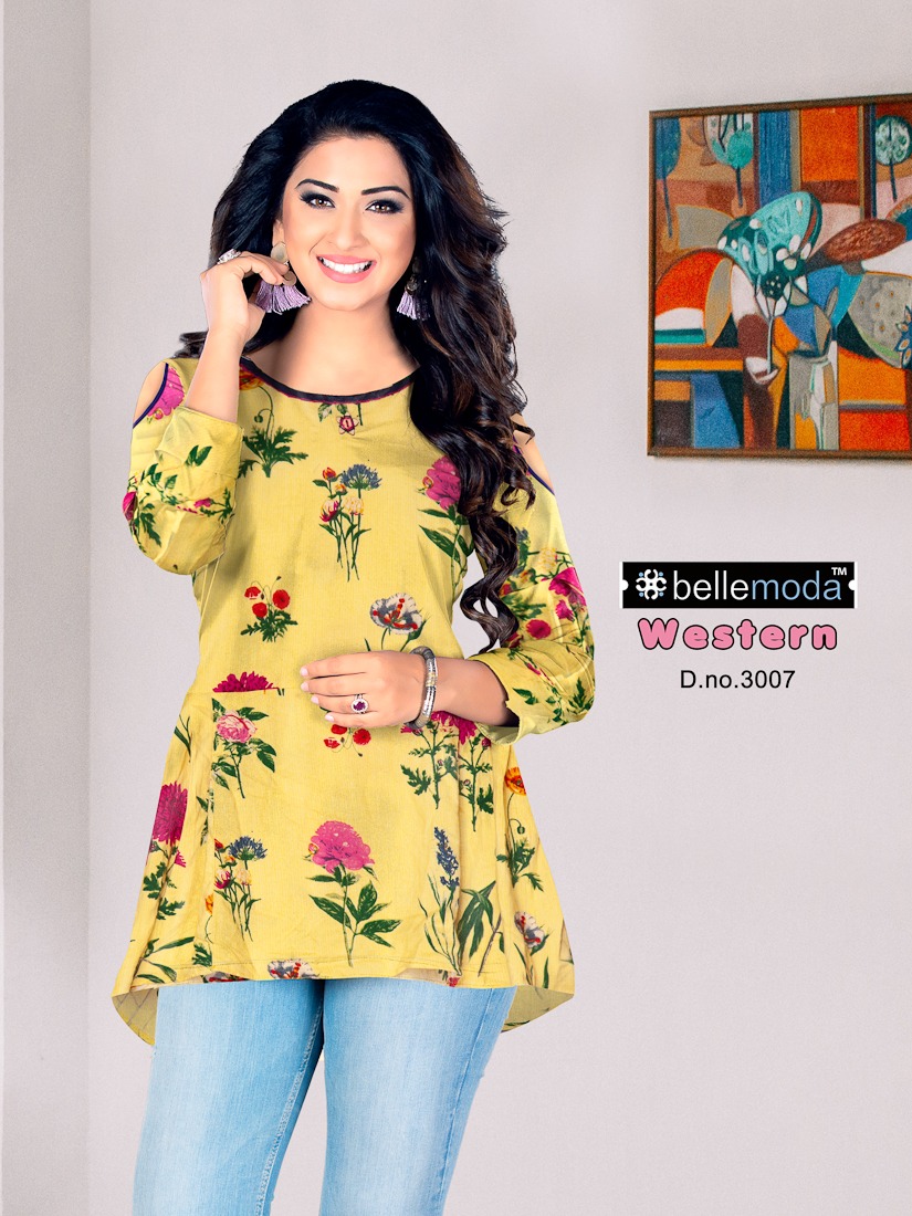 Western By Bellemoda 3001 To 3008 Series Beautiful Stylish Colorful Fancy Casual Wear & Ethnic Wear & Ready To Wear Heavy Rayon Tops At Wholesale Price