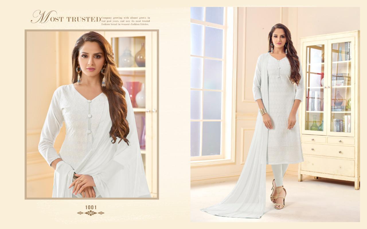 White By Amrut Varsha Creation 1001 To 1004 Series Beautiful Collection Suits Stylish Fancy Colorful Casual Wear & Ethnic Wear Cotton Chikkan Dresses At Wholesale Price