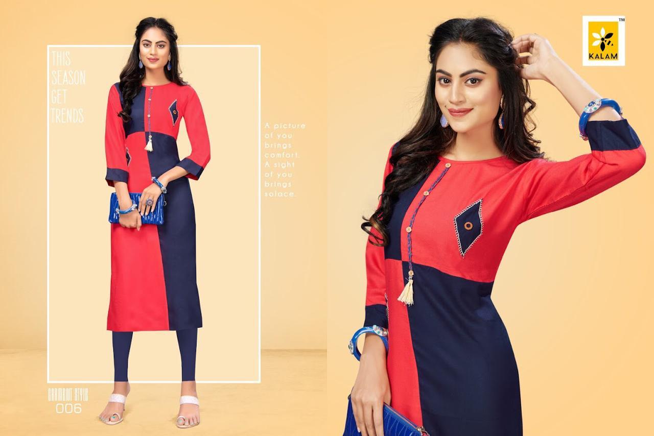 Womens By Kalam 001 To 008 Beautiful Stylish Colorful Fancy Party Wear & Ethnic Wear & Ready To Wear Cotton Rayon Kurtis At Wholesale Price