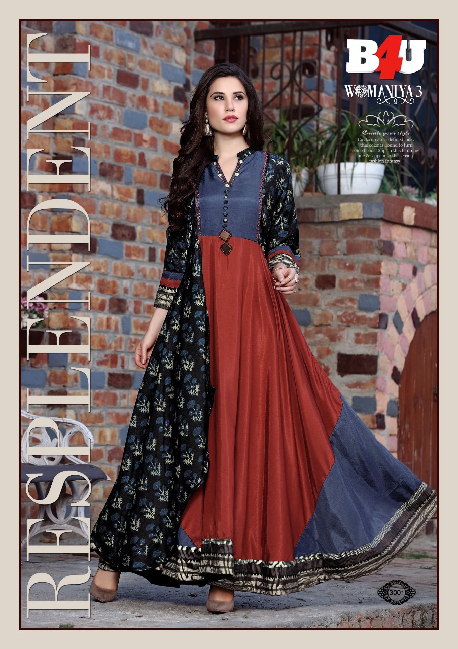 Womaniya Vol-3 By B4u 3001 To 3008 Series Designer Beautiful Stylish Colorful Fancy Ready To Wear & Casual Wear & Ethnic Wear Maslin Digital Printed Kurtis At Wholesale Price
