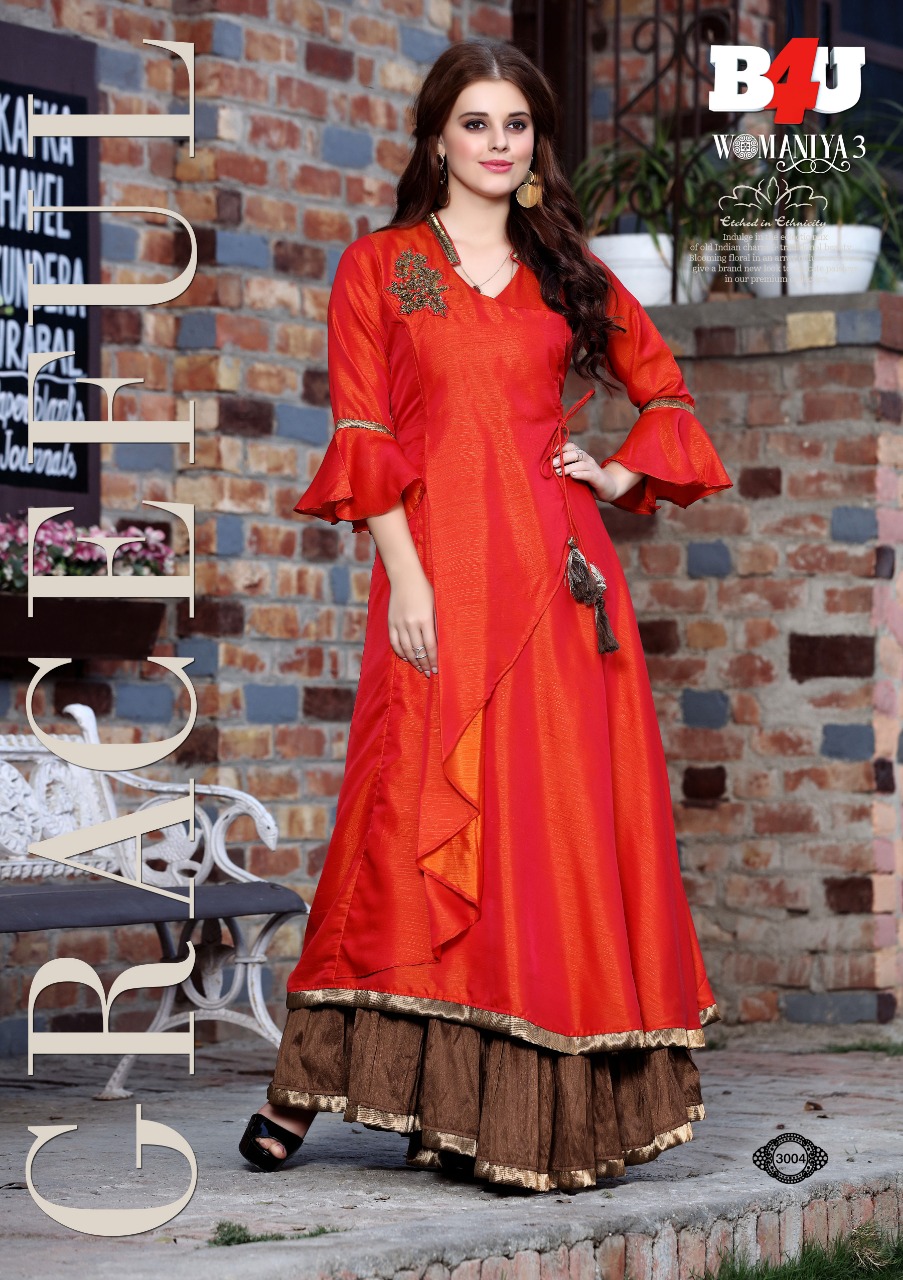 Womaniya Vol-3 By B4u 3001 To 3008 Series Designer Beautiful Stylish Colorful Fancy Ready To Wear & Casual Wear & Ethnic Wear Maslin Digital Printed Kurtis At Wholesale Price