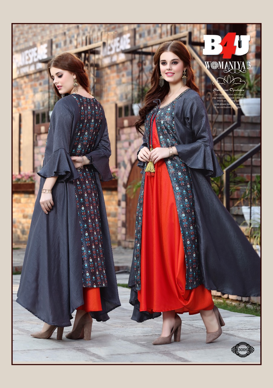 Womaniya Vol-3 By B4u 3001 To 3008 Series Designer Beautiful Stylish Colorful Fancy Ready To Wear & Casual Wear & Ethnic Wear Maslin Digital Printed Kurtis At Wholesale Price