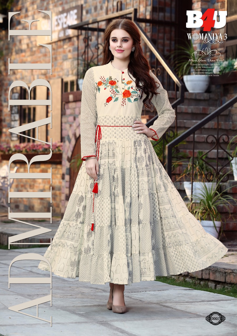 Womaniya Vol-3 By B4u 3001 To 3008 Series Designer Beautiful Stylish Colorful Fancy Ready To Wear & Casual Wear & Ethnic Wear Maslin Digital Printed Kurtis At Wholesale Price