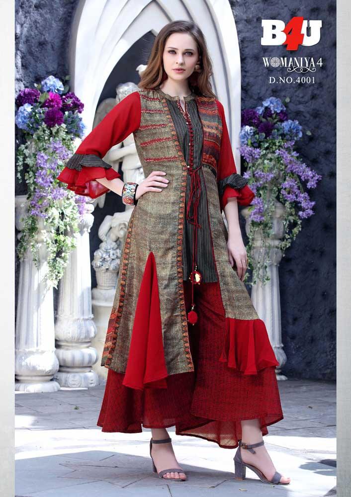 Womaniya Vol-4 By B4u 4001 To 4007 Series Designer Beautiful Stylish Colorful Fancy Ready To Wear & Casual Wear & Ethnic Wear Maslin/silk/rayon/georgette Printed Digital Printed Kurtis With Bottom At Wholesale Price