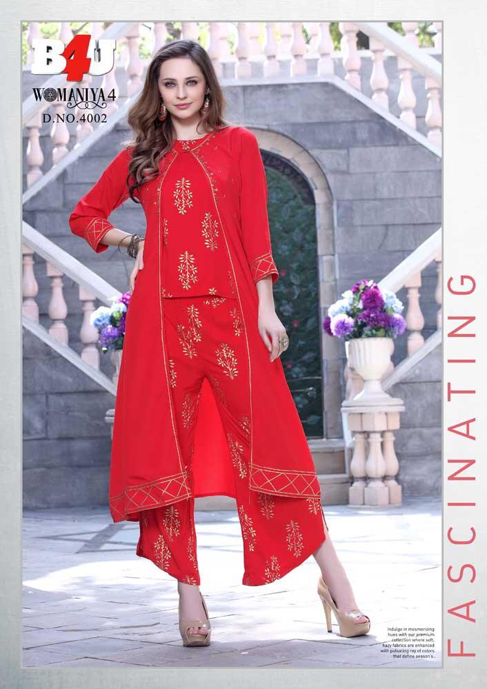Womaniya Vol-4 By B4u 4001 To 4007 Series Designer Beautiful Stylish Colorful Fancy Ready To Wear & Casual Wear & Ethnic Wear Maslin/silk/rayon/georgette Printed Digital Printed Kurtis With Bottom At Wholesale Price