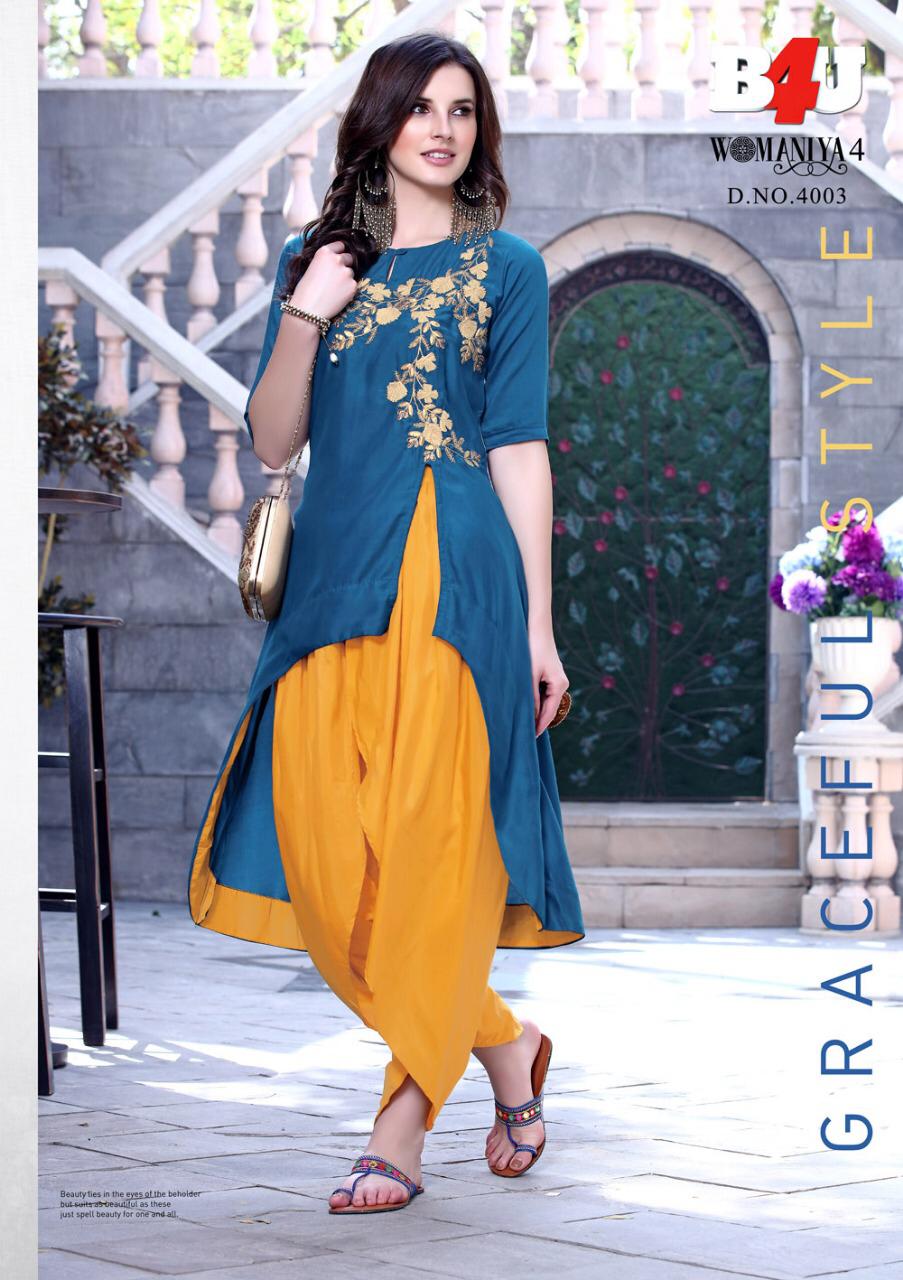 Womaniya Vol-4 By B4u 4001 To 4007 Series Designer Beautiful Stylish Colorful Fancy Ready To Wear & Casual Wear & Ethnic Wear Maslin/silk/rayon/georgette Printed Digital Printed Kurtis With Bottom At Wholesale Price