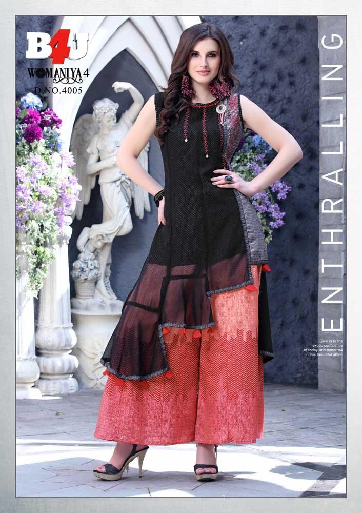 Womaniya Vol-4 By B4u 4001 To 4007 Series Designer Beautiful Stylish Colorful Fancy Ready To Wear & Casual Wear & Ethnic Wear Maslin/silk/rayon/georgette Printed Digital Printed Kurtis With Bottom At Wholesale Price