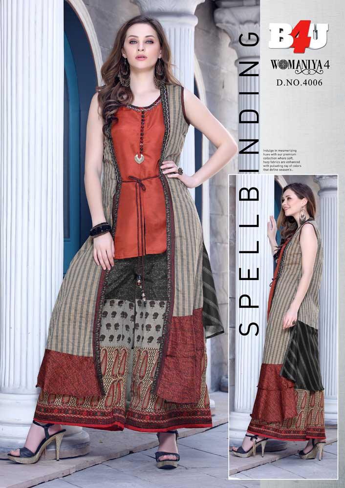 Womaniya Vol-4 By B4u 4001 To 4007 Series Designer Beautiful Stylish Colorful Fancy Ready To Wear & Casual Wear & Ethnic Wear Maslin/silk/rayon/georgette Printed Digital Printed Kurtis With Bottom At Wholesale Price