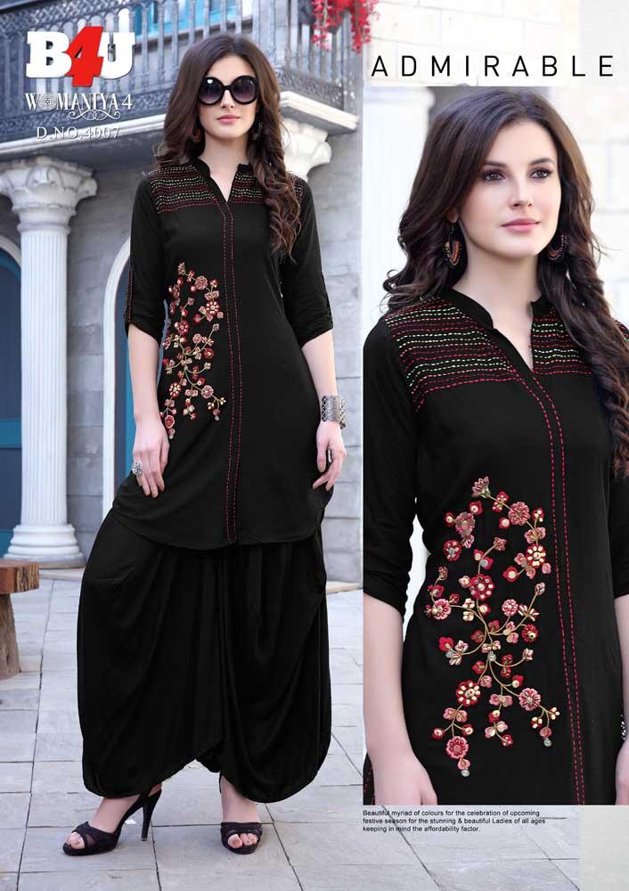 Womaniya Vol-4 By B4u 4001 To 4007 Series Designer Beautiful Stylish Colorful Fancy Ready To Wear & Casual Wear & Ethnic Wear Maslin/silk/rayon/georgette Printed Digital Printed Kurtis With Bottom At Wholesale Price
