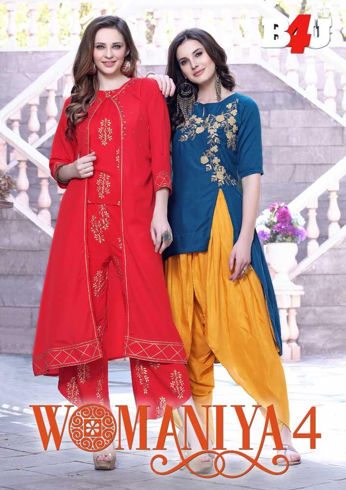 Womaniya Vol-4 By B4u 4001 To 4007 Series Designer Beautiful Stylish Colorful Fancy Ready To Wear & Casual Wear & Ethnic Wear Maslin/silk/rayon/georgette Printed Digital Printed Kurtis With Bottom At Wholesale Price