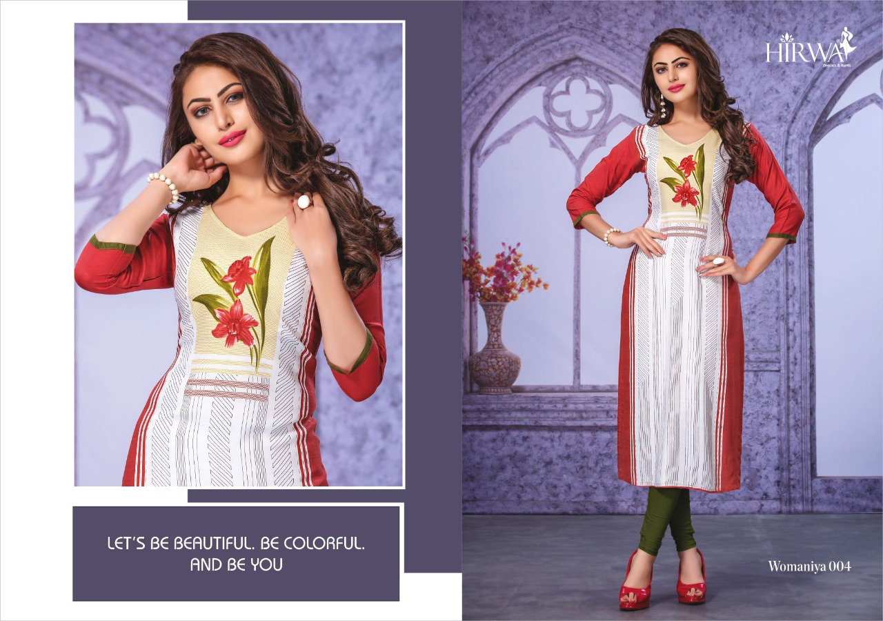 Womaniya By Hirwa 001 To 010 Series Beautiful Stylish Colorful Fancy Party Wear & Ethnic Wear & Ready To Wear Heavy Rayon Printed Kurtis With Inner At Wholesale Price