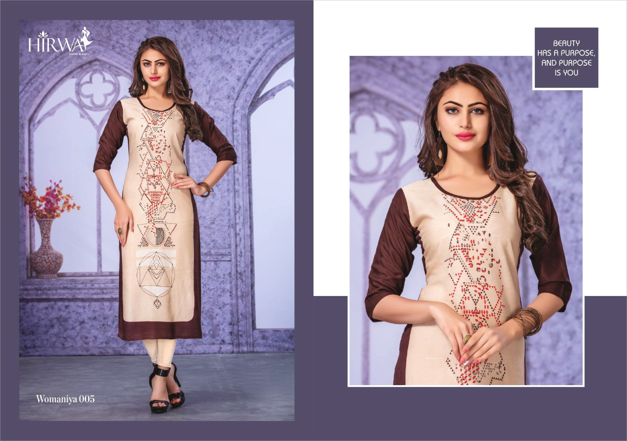 Womaniya By Hirwa 001 To 010 Series Beautiful Stylish Colorful Fancy Party Wear & Ethnic Wear & Ready To Wear Heavy Rayon Printed Kurtis With Inner At Wholesale Price