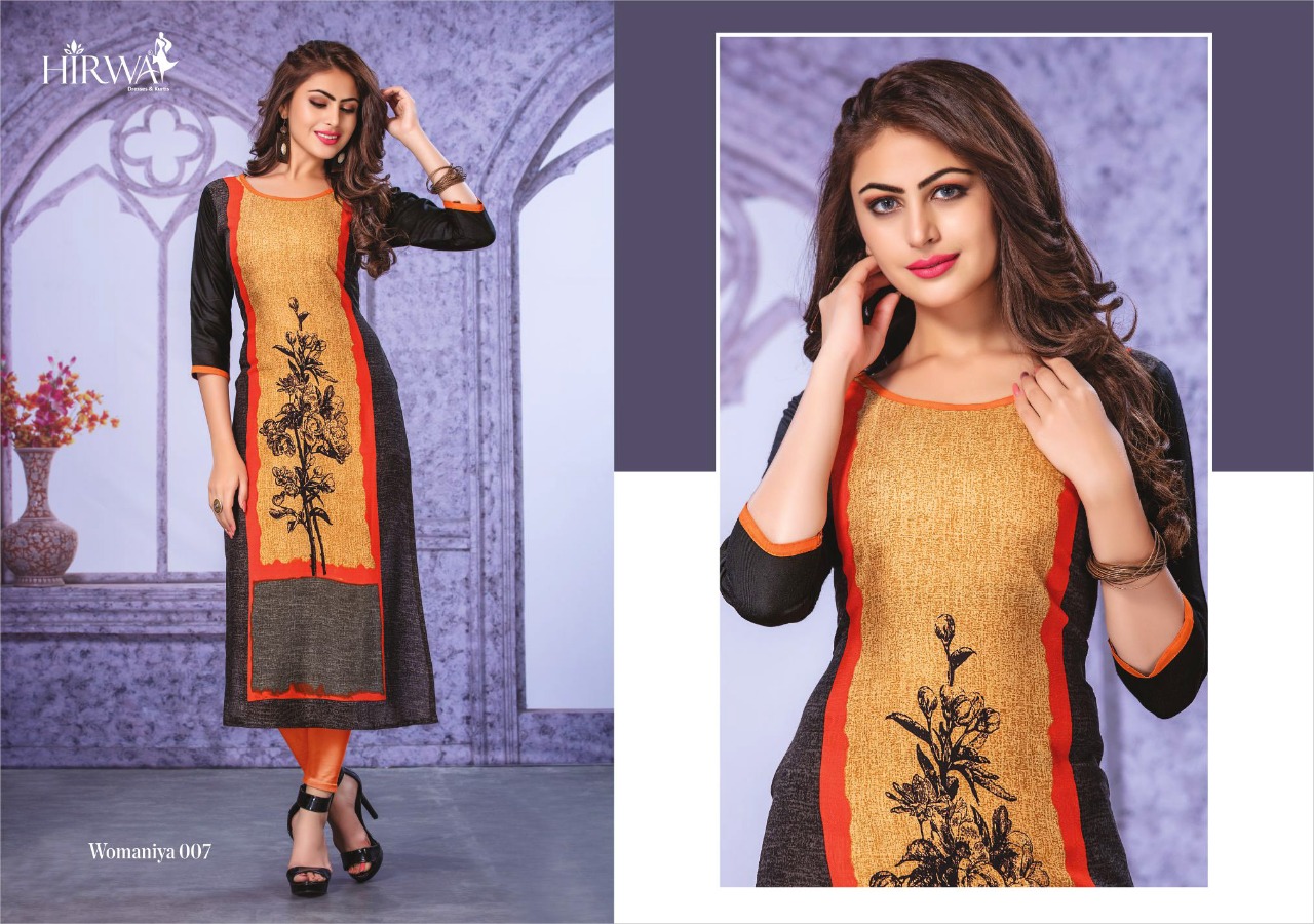 Womaniya By Hirwa 001 To 010 Series Beautiful Stylish Colorful Fancy Party Wear & Ethnic Wear & Ready To Wear Heavy Rayon Printed Kurtis With Inner At Wholesale Price