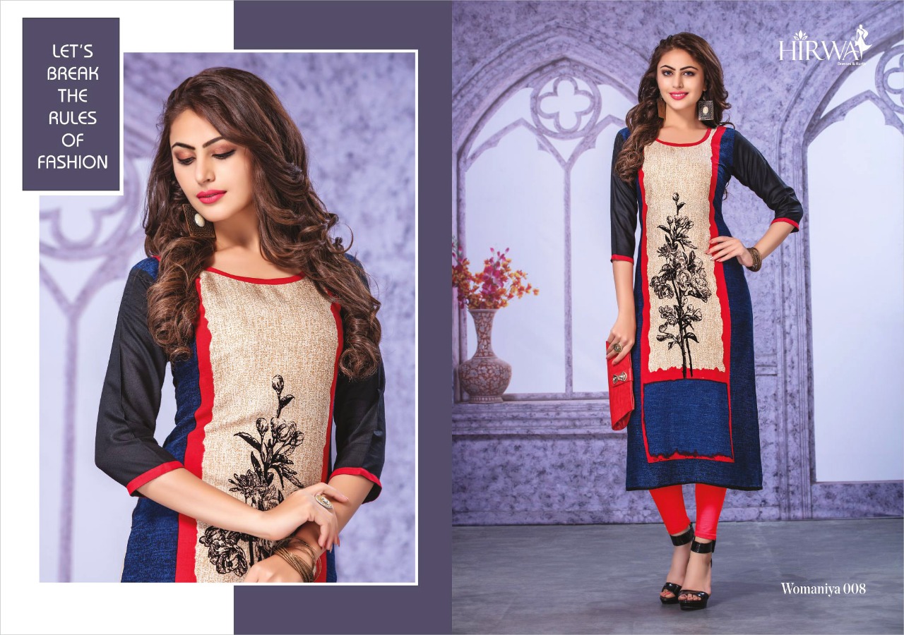 Womaniya By Hirwa 001 To 010 Series Beautiful Stylish Colorful Fancy Party Wear & Ethnic Wear & Ready To Wear Heavy Rayon Printed Kurtis With Inner At Wholesale Price