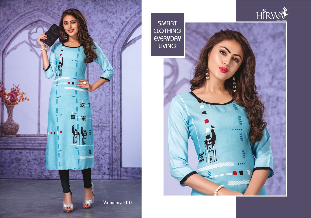 Womaniya By Hirwa 001 To 010 Series Beautiful Stylish Colorful Fancy Party Wear & Ethnic Wear & Ready To Wear Heavy Rayon Printed Kurtis With Inner At Wholesale Price