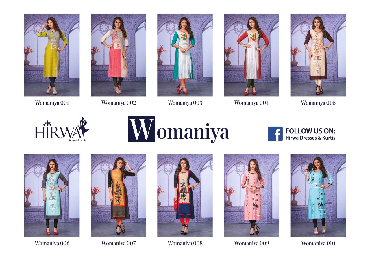 Womaniya By Hirwa 001 To 010 Series Beautiful Stylish Colorful Fancy Party Wear & Ethnic Wear & Ready To Wear Heavy Rayon Printed Kurtis With Inner At Wholesale Price