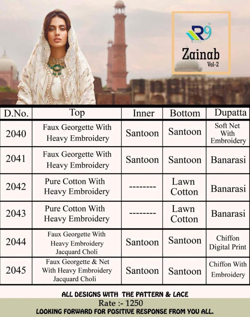 Zainab Vol-2 By R9 2040 To 2045 Series Designer Pakistani Suits Colorful Stylish Fancy Beautiful Collection Casual Wear & Ethnic Wear Georgette Embroidered Dresses At Wholesale Price
