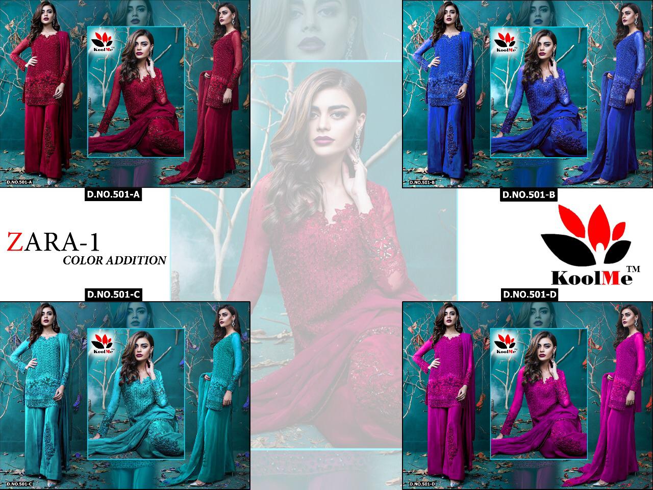 Zara Vol-1 By Koolme 501-a To 501-d Series Designer Pakistani Suits Collection Beautiful Stylish Fancy Colorful Party Wear & Occasional Wear Georgette Embroidered Dresses At Wholesale Price