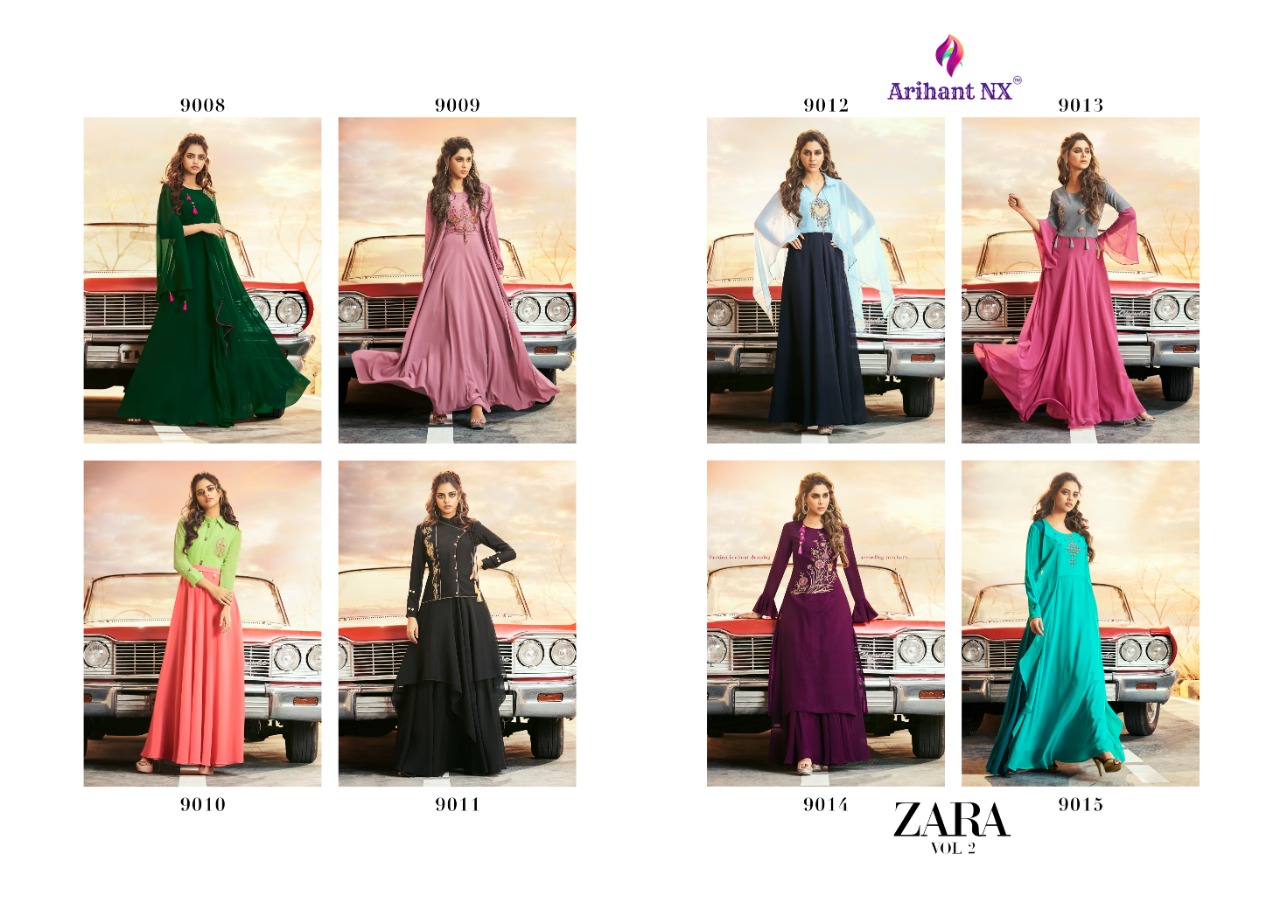 Zara Vol-2 By Arihant Nx 9008 To 9015 Series Designer Beautiful Stylish Fancy Colorful Casual Wear & Ethnic Wear & Ready To Wear Semi Georgette With Embroidery Inner Royal Crape Gowns At Wholesale Price