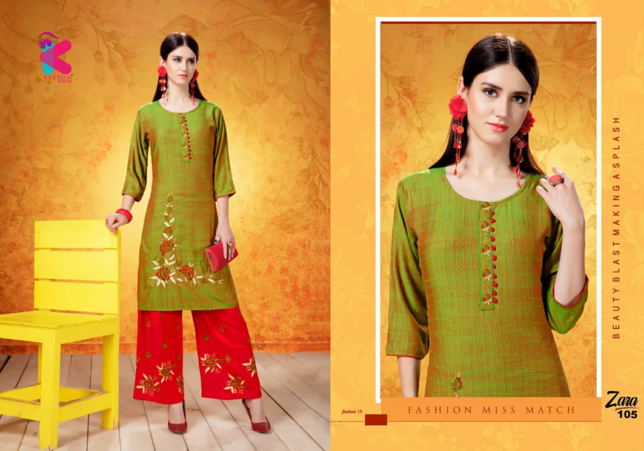 Zara By Kersom 101 To 108 Series Beautiful Stylish Fancy Colorful Casual Wear & Ethnic Wear & Ready To Wear Heavy Rayon Two Tone Quality Kurtis At Wholesale Price