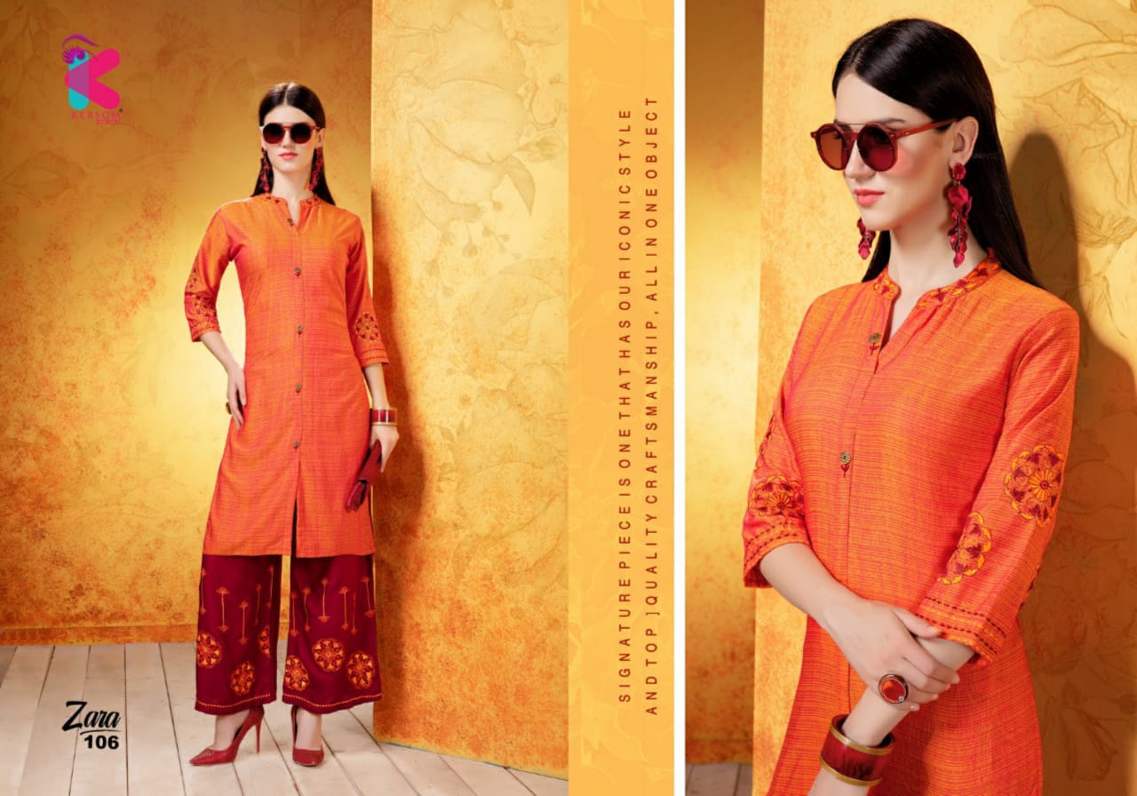 Zara By Kersom 101 To 108 Series Beautiful Stylish Fancy Colorful Casual Wear & Ethnic Wear & Ready To Wear Heavy Rayon Two Tone Quality Kurtis At Wholesale Price