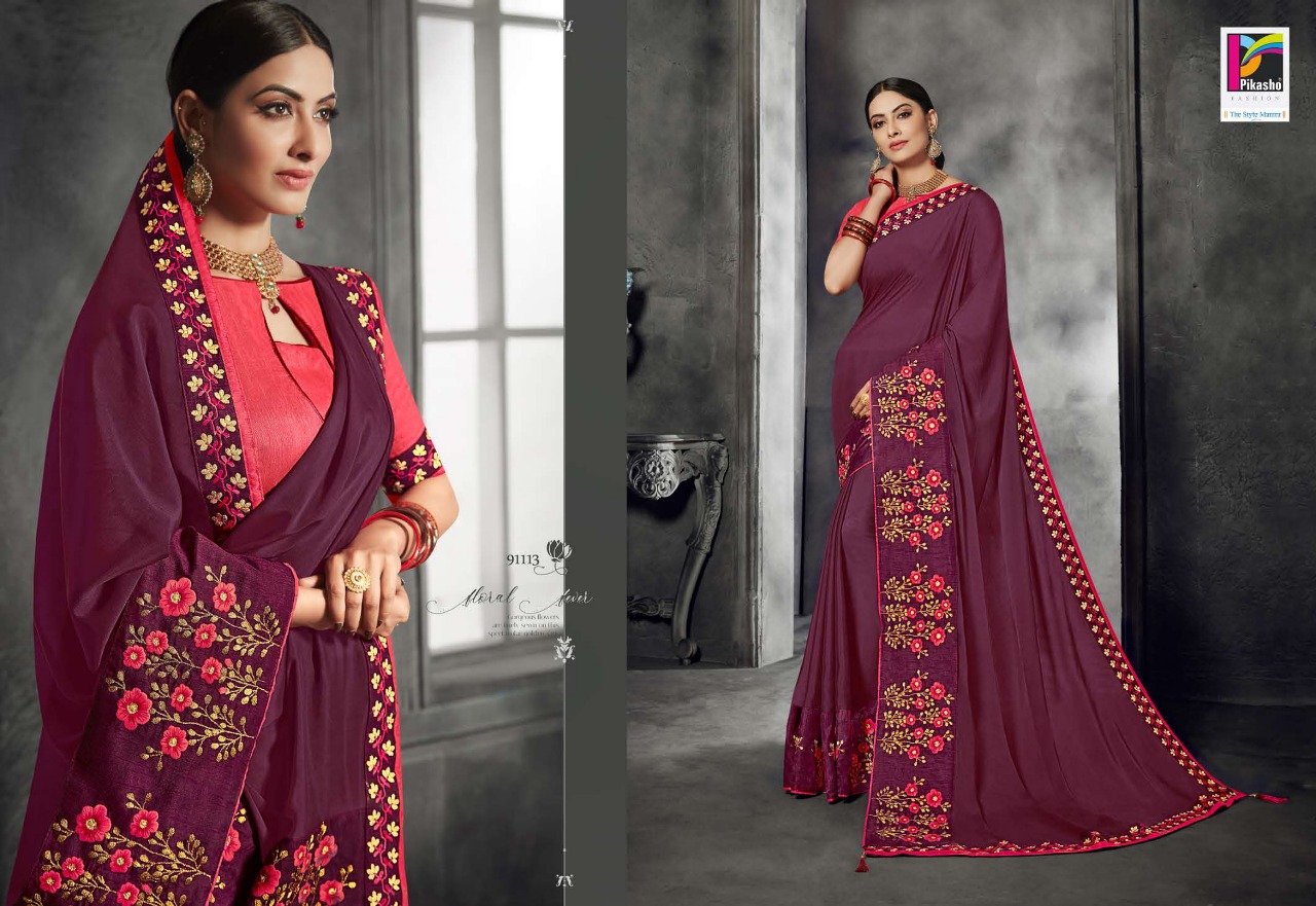 Zareen Vol-2 By Pikasho 91113 To 91124 Series Indian Traditional Wear Collection Beautiful Stylish Fancy Colorful Party Wear & Occasional Wear Satin Georgette Embroidered Sarees At Wholesale Price