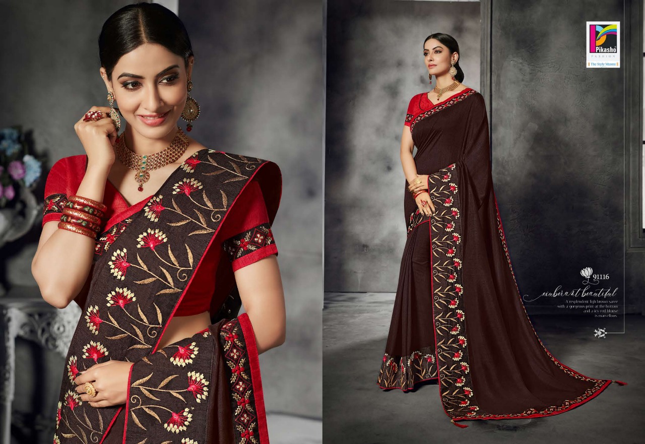 Zareen Vol-2 By Pikasho 91113 To 91124 Series Indian Traditional Wear Collection Beautiful Stylish Fancy Colorful Party Wear & Occasional Wear Satin Georgette Embroidered Sarees At Wholesale Price