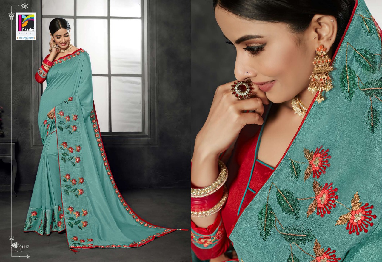 Zareen Vol-2 By Pikasho 91113 To 91124 Series Indian Traditional Wear Collection Beautiful Stylish Fancy Colorful Party Wear & Occasional Wear Satin Georgette Embroidered Sarees At Wholesale Price