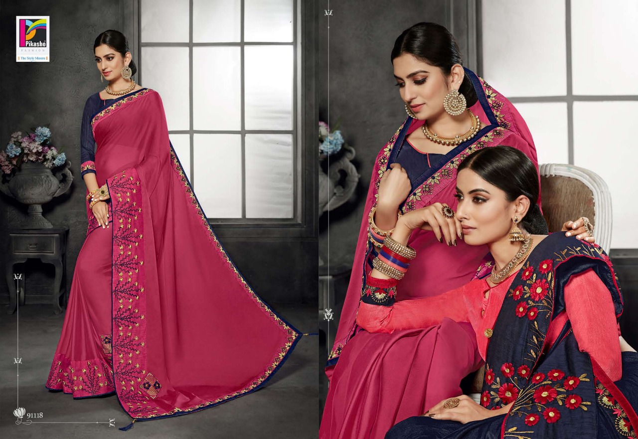 Zareen Vol-2 By Pikasho 91113 To 91124 Series Indian Traditional Wear Collection Beautiful Stylish Fancy Colorful Party Wear & Occasional Wear Satin Georgette Embroidered Sarees At Wholesale Price