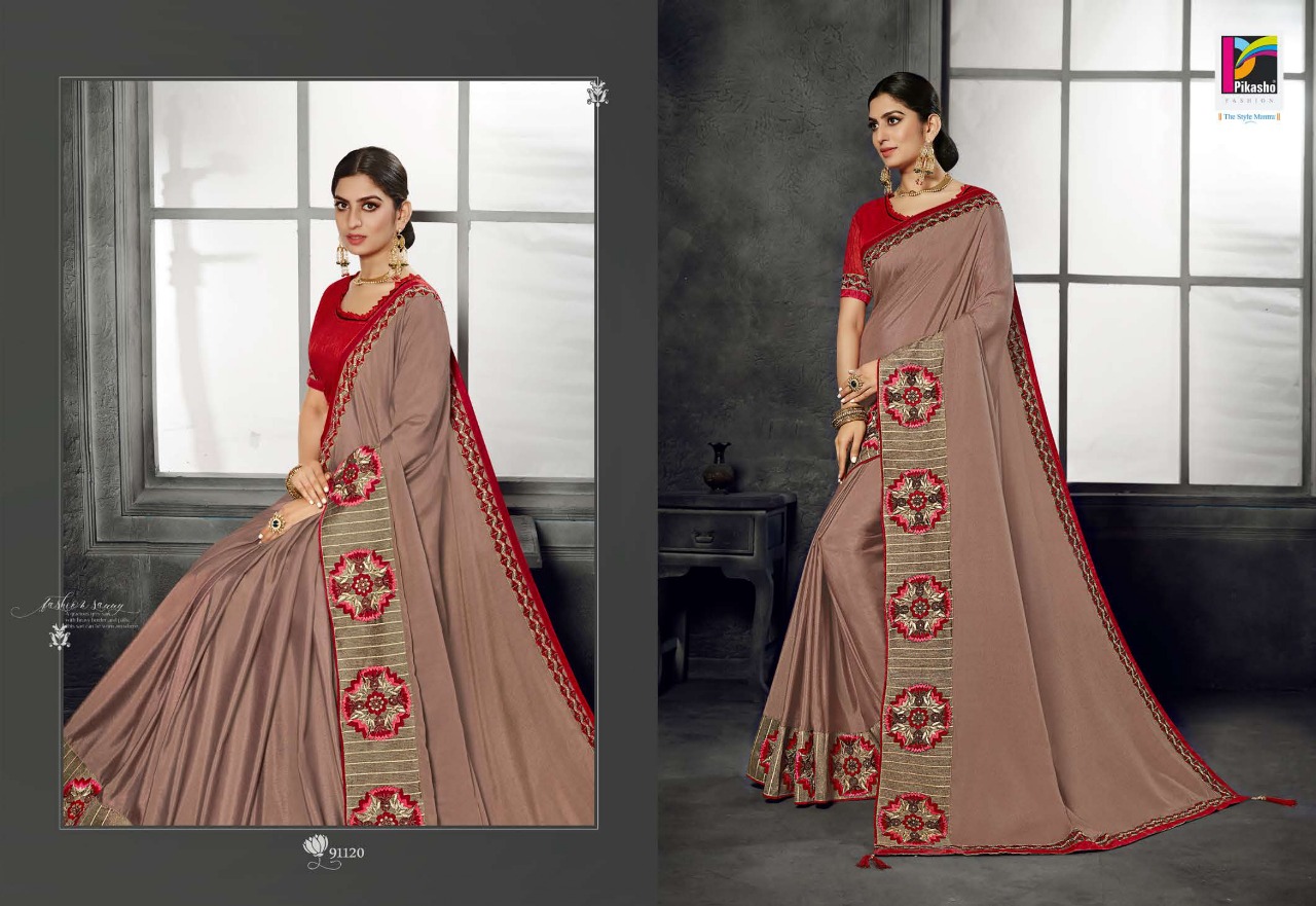 Zareen Vol-2 By Pikasho 91113 To 91124 Series Indian Traditional Wear Collection Beautiful Stylish Fancy Colorful Party Wear & Occasional Wear Satin Georgette Embroidered Sarees At Wholesale Price