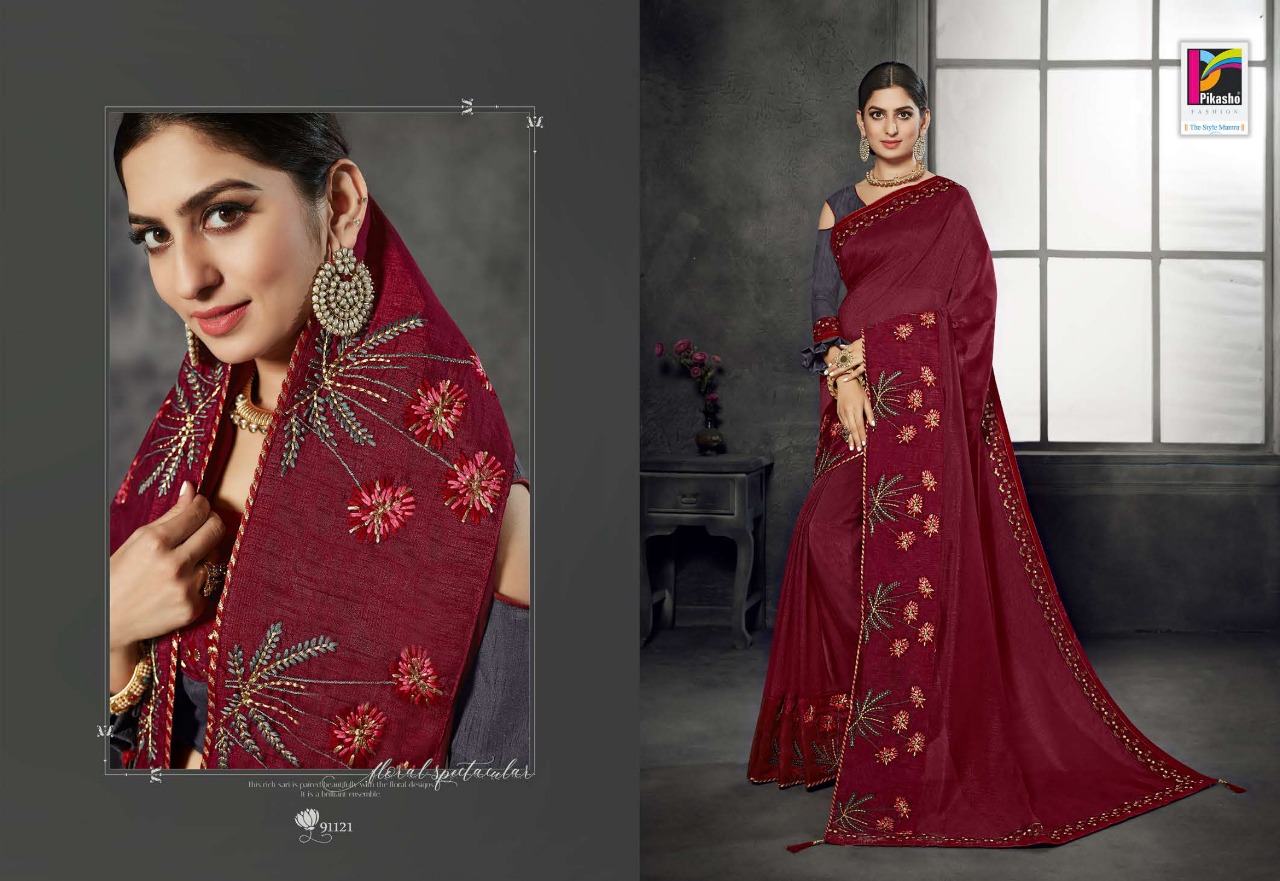 Zareen Vol-2 By Pikasho 91113 To 91124 Series Indian Traditional Wear Collection Beautiful Stylish Fancy Colorful Party Wear & Occasional Wear Satin Georgette Embroidered Sarees At Wholesale Price