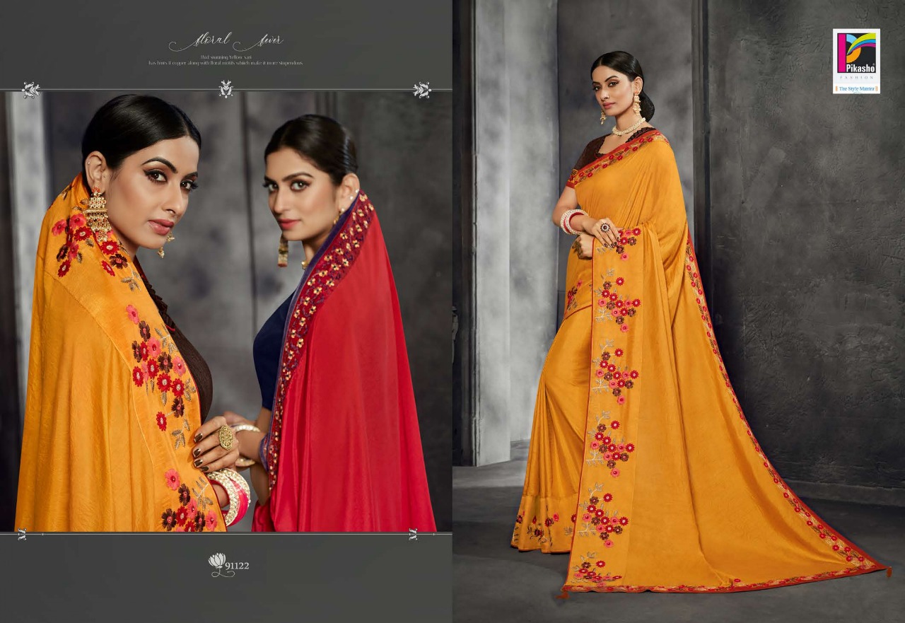 Zareen Vol-2 By Pikasho 91113 To 91124 Series Indian Traditional Wear Collection Beautiful Stylish Fancy Colorful Party Wear & Occasional Wear Satin Georgette Embroidered Sarees At Wholesale Price