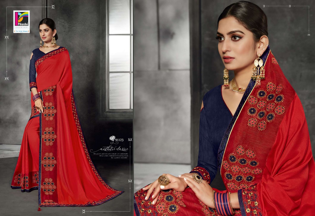 Zareen Vol-2 By Pikasho 91113 To 91124 Series Indian Traditional Wear Collection Beautiful Stylish Fancy Colorful Party Wear & Occasional Wear Satin Georgette Embroidered Sarees At Wholesale Price