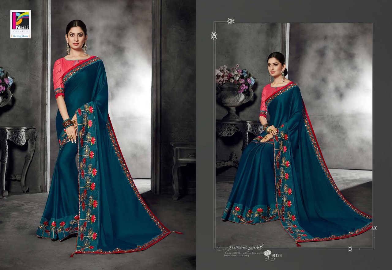Zareen Vol-2 By Pikasho 91113 To 91124 Series Indian Traditional Wear Collection Beautiful Stylish Fancy Colorful Party Wear & Occasional Wear Satin Georgette Embroidered Sarees At Wholesale Price