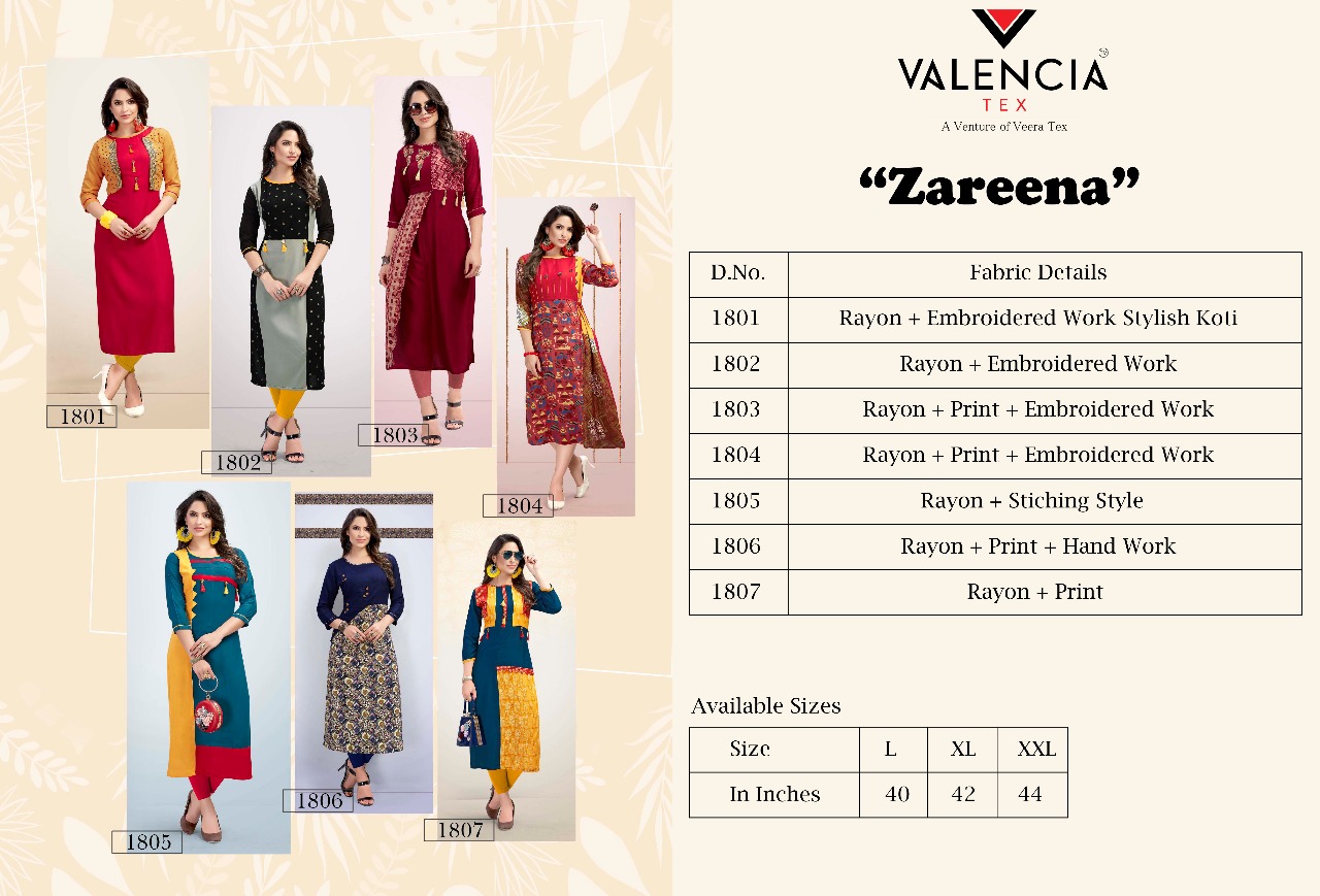 Zareena By Valencia Tex 1801 To 1807 Series Beautiful Stylish Fancy Colorful Casual Wear & Ethnic Wear & Ready To Wear Rayon Printed Kurtis At Wholesale Price